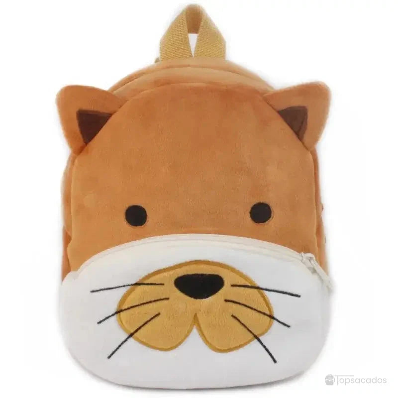 Sac à dos Bébé en peluche rousse représentant un chat, avec museau blanc et moustaches noires brodées.