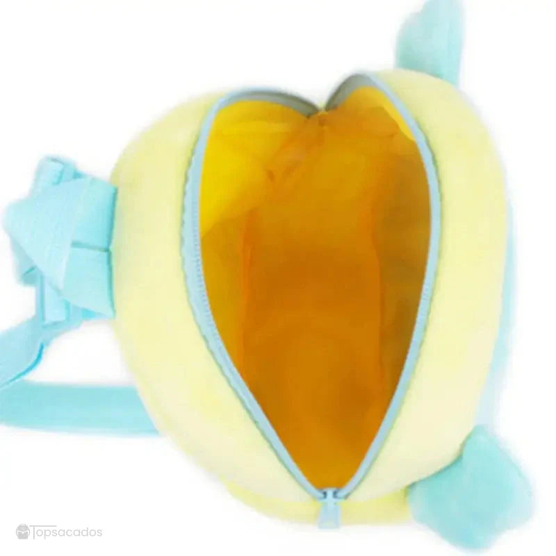 Sac à dos Bébé ouvert, montrant l’intérieur orange vif, vu du dessus avec la fermeture éclair bleue entrouverte.