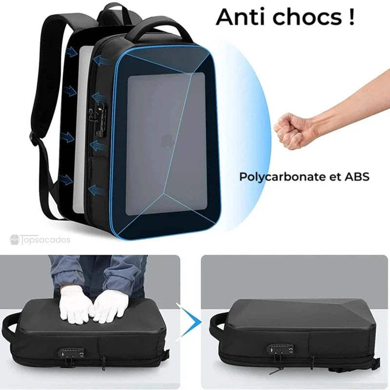 Sac à dos business en ABS avec coque anti chocs en polycarbonate, démonstration de sa résistance aux impacts sur fond illustratif.
