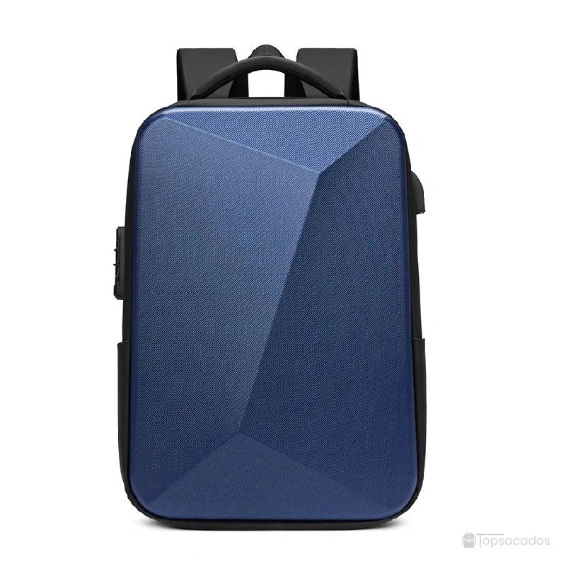 Sac à dos business en ABS bleu foncé, avec façade rigide texturée et poignée robuste, photographié en studio.