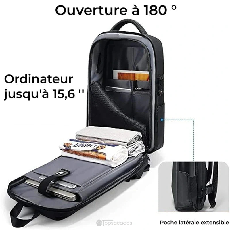 Sac à dos business en ABS ouvert à 180 degrés, montrant la capacité intérieure avec compartiment ordinateur 15,6 pouces et poche latérale extensible.