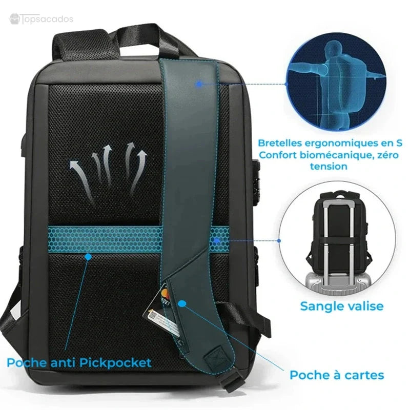 Sac à dos business en ABS vu de dos, montrant les bretelles en S ergonomiques, la poche anti pickpocket et la sangle valise.