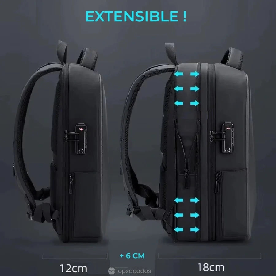 Sac à dos business en ABS extensible, démonstration du volume passant de 12 cm à 18 cm grâce à une fermeture éclair latérale.