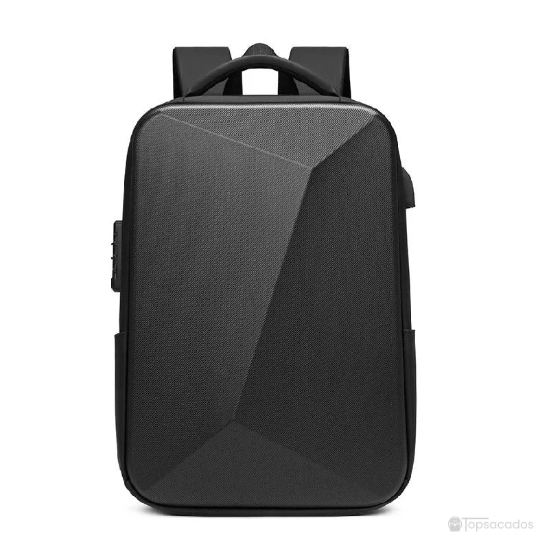 Sac à dos business en ABS noir vu de face avec surface géométrique texturée, posé sur fond blanc.