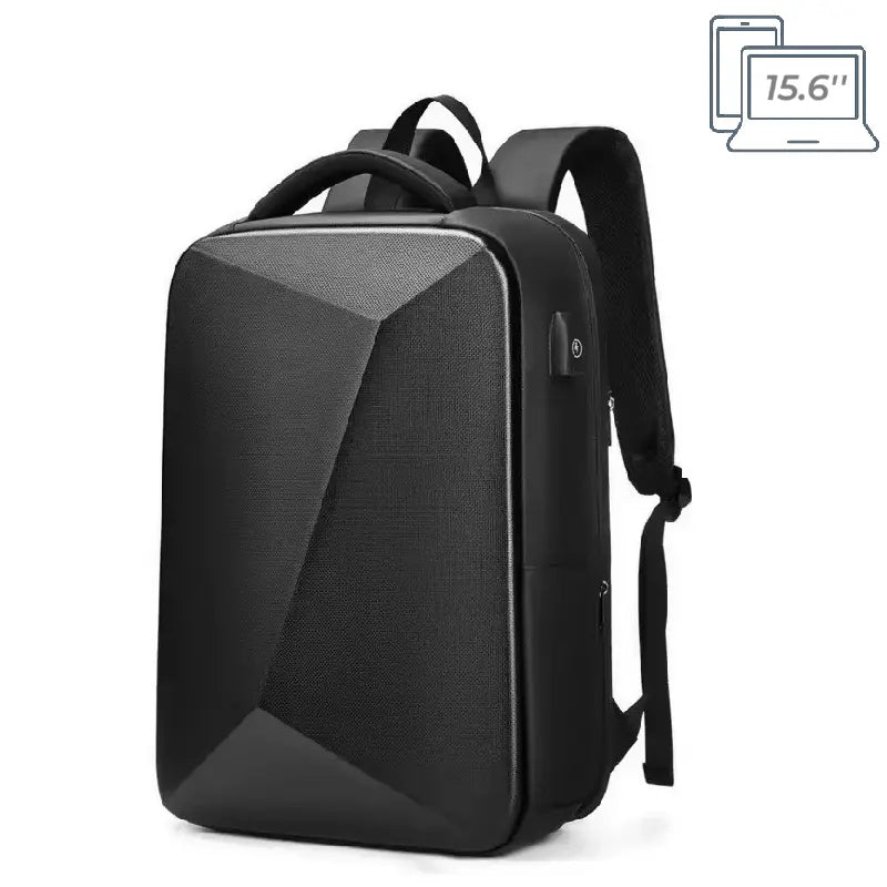 Sac à dos business en ABS noir rigide au design géométrique, posé sur fond blanc, idéal pour un usage professionnel.