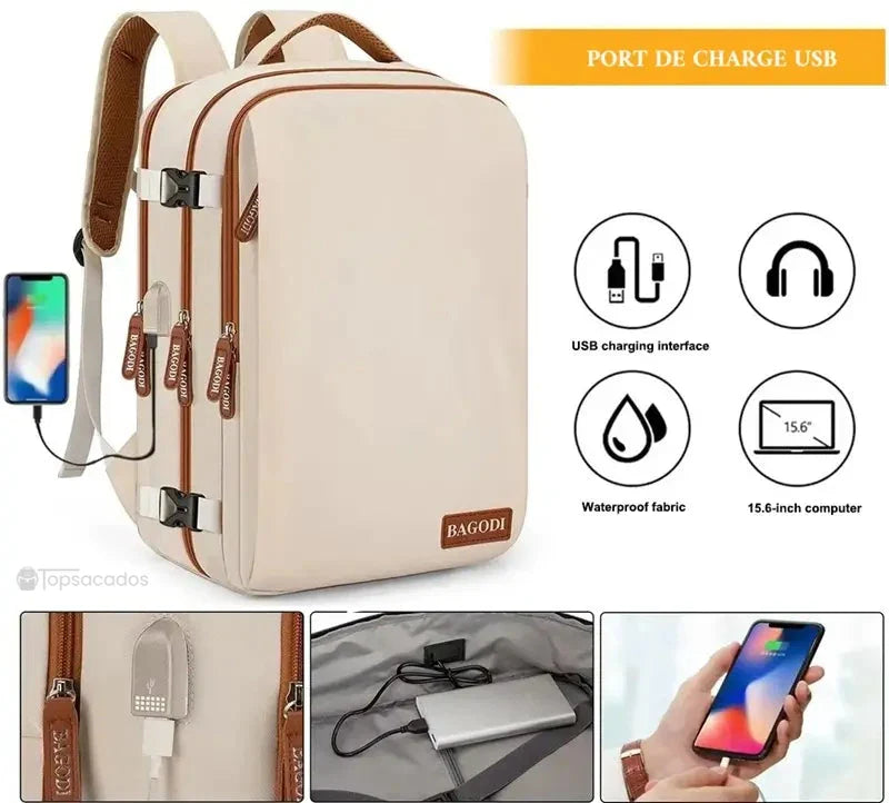 sac a dos cabine avec port de charge USB intégré, tissu imperméable, compartiment pour ordinateur 15,6 pouces et accessoires.