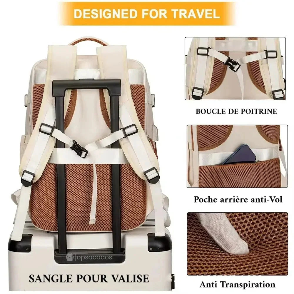 sac a dos cabine vu de dos avec sangle pour valise, dos rembourré anti-transpiration, poche anti-vol et boucle de poitrine.
