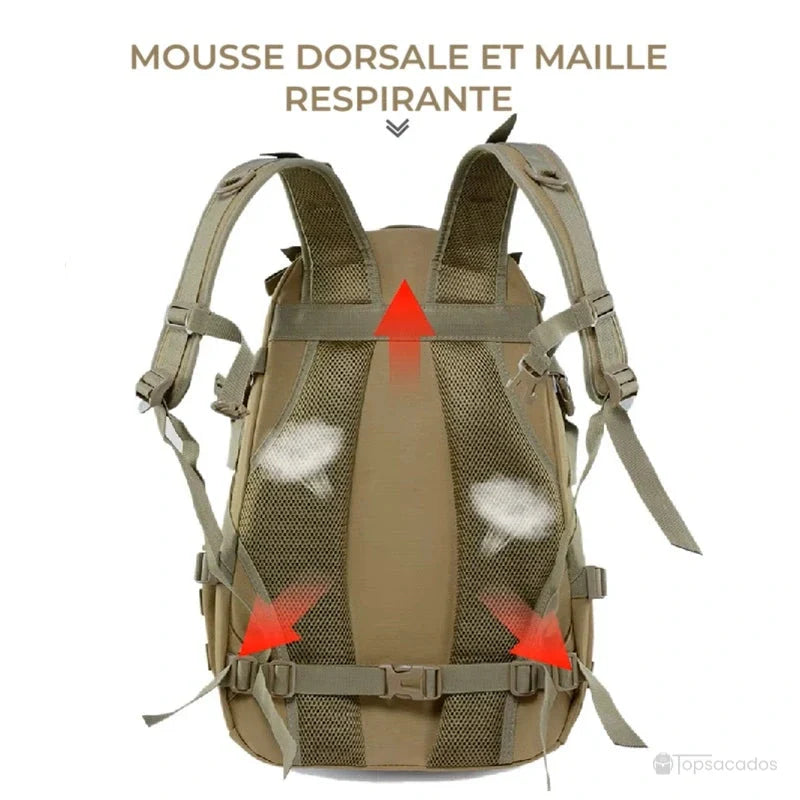 sac à dos camouflage beige vu de dos avec mousse dorsale, bretelles réglables et bandes respirantes en maille