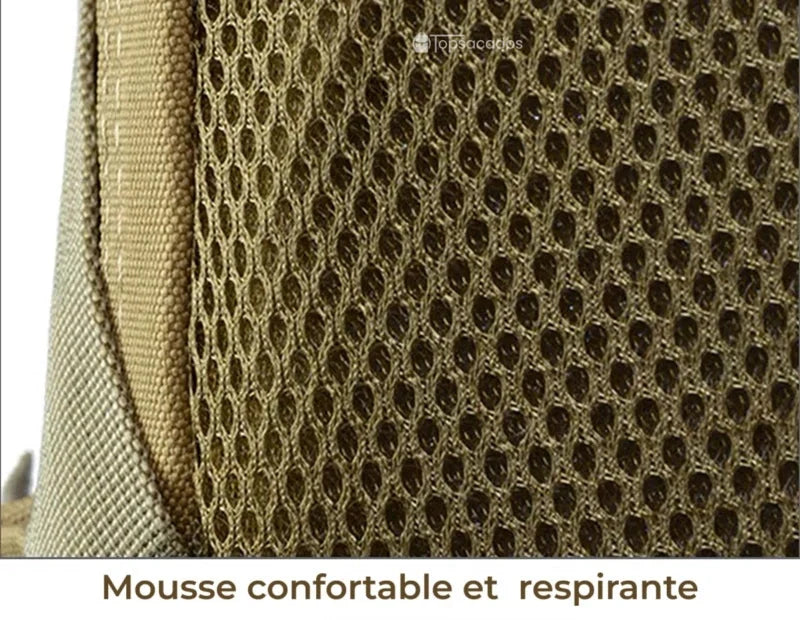 sac à dos camouflage avec zoom sur mousse dorsale confortable et respirante pour un port prolongé sans gêne