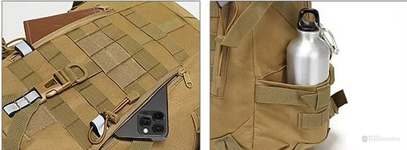 sac à dos camouflage beige avec poches pratiques pour gourde et accessoires comme smartphone et mousqueton