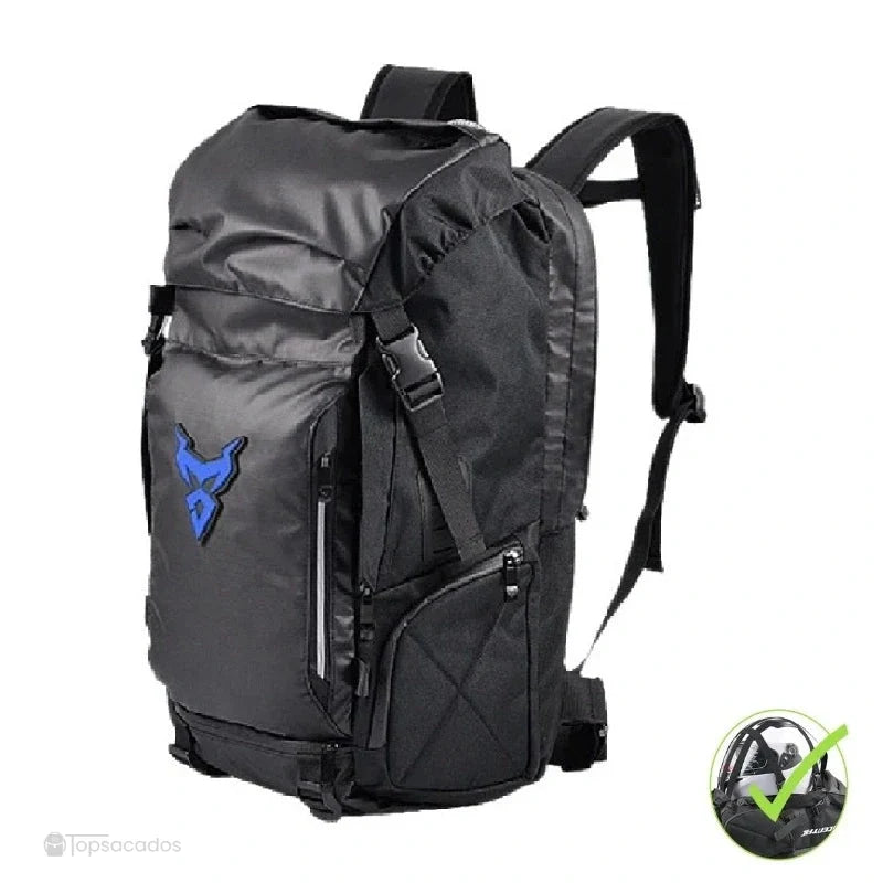 sac à dos casque moto – version bleue sur fond blanc avec vue complète et boucles visibles pour port du casque
