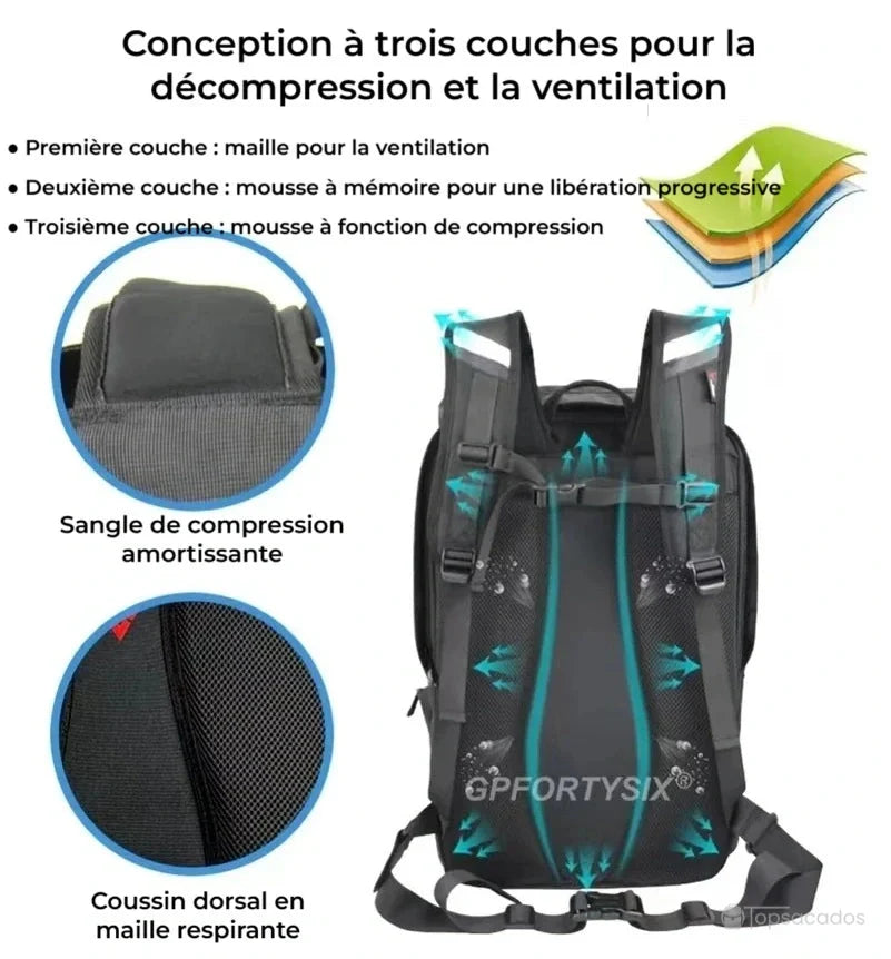 sac à dos casque moto – vue arrière illustrant la conception dorsale à trois couches avec coussins et ventilation
