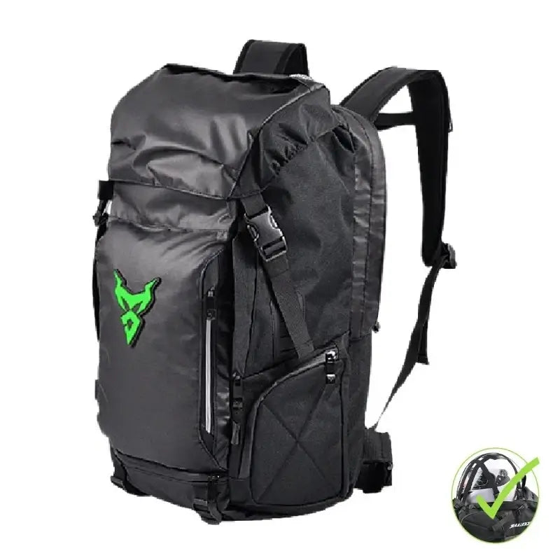 sac à dos casque moto – version avec logo vert, design sportif et vue de face sur fond blanc