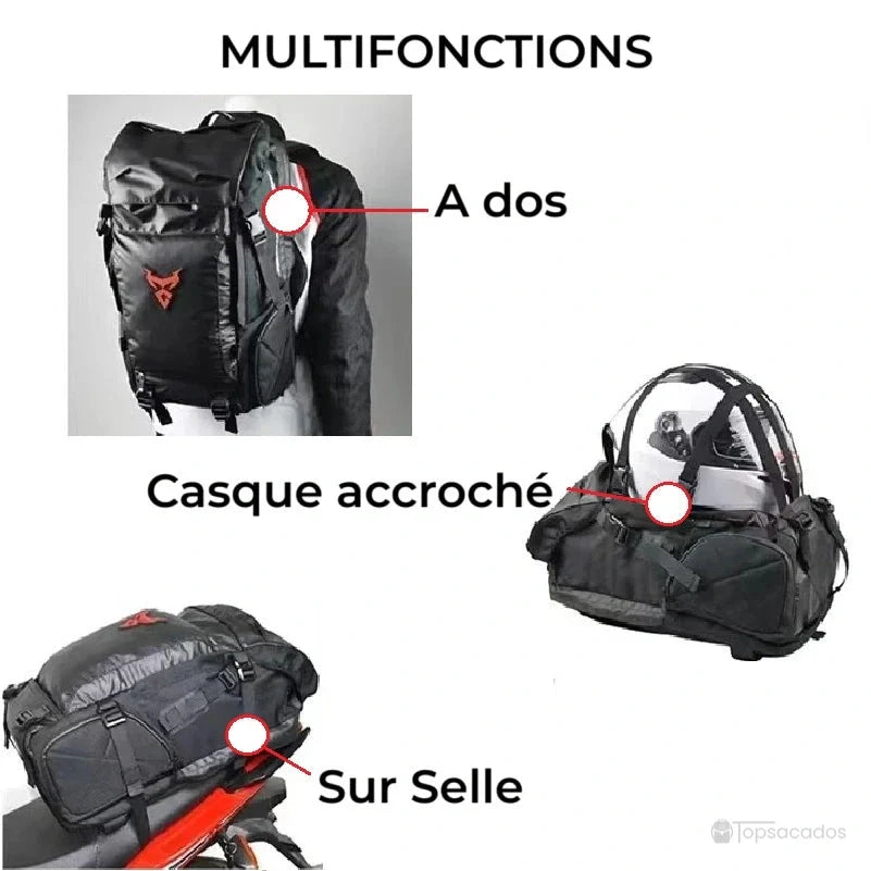 sac à dos casque moto – démonstration des trois fonctions : porté sur le dos, casque attaché, posé sur la selle