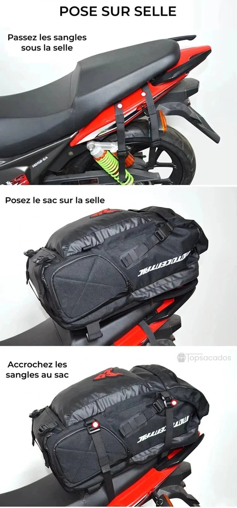 sac à dos casque moto – étapes de fixation sur la selle de moto avec sangles ajustées