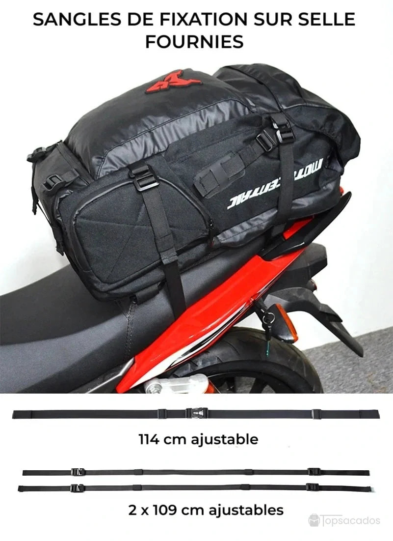 sac à dos casque moto – sangles de fixation fournies pour pose sur selle, avec mesures indiquées