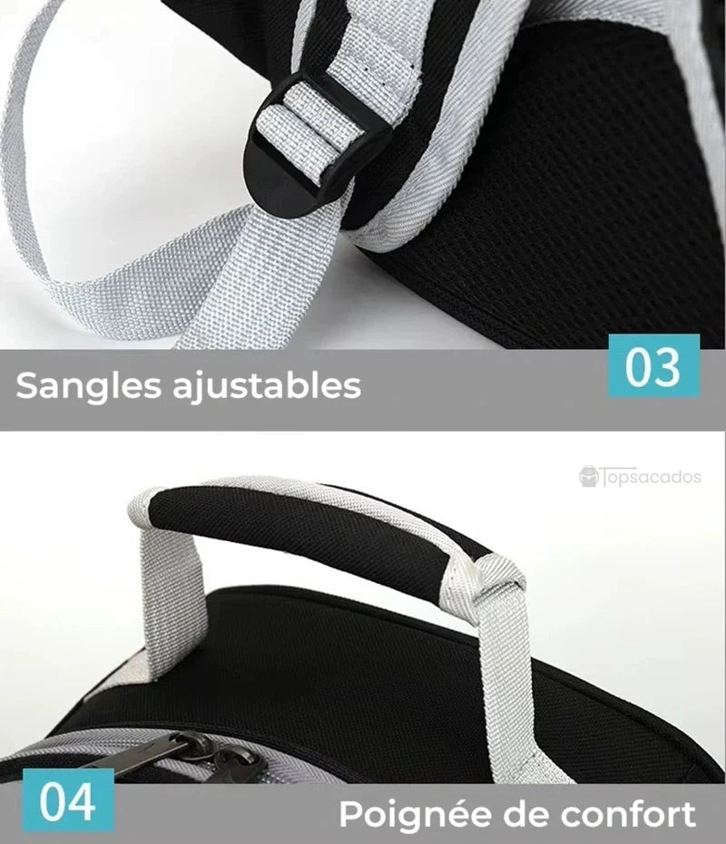 Sac à dos chat avec hublot, focus sur la sangle ajustable et la poignée de transport rembourrée pour plus de confort.