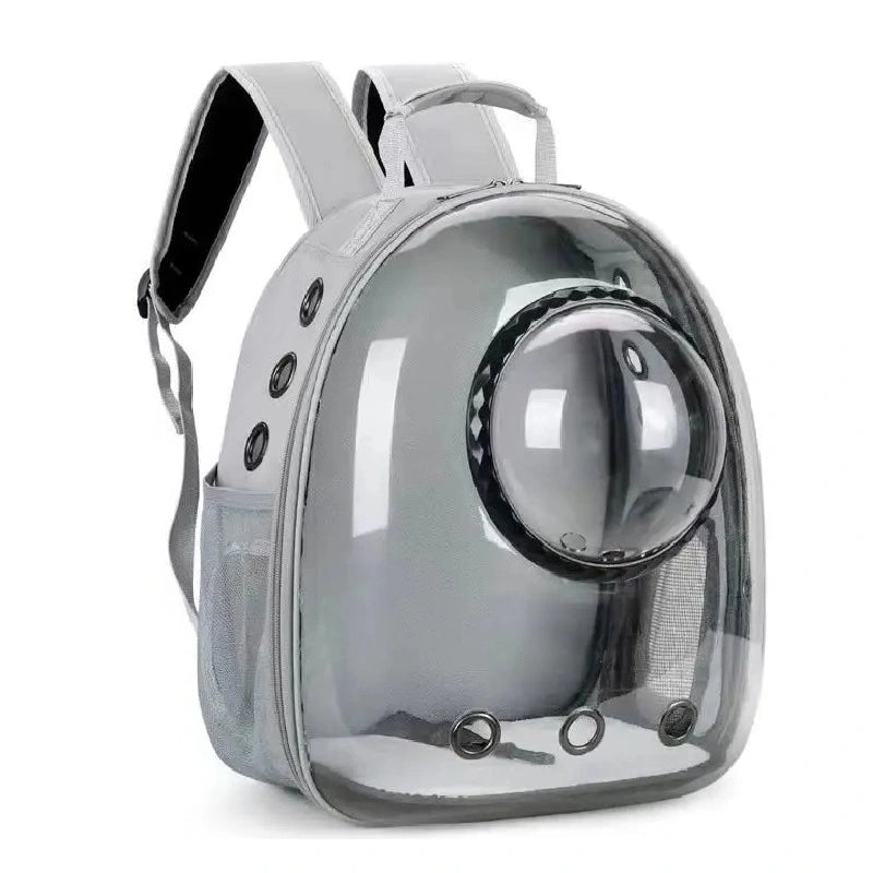 Sac à dos chat avec hublot gris argenté, avec façade transparente bombée et sangles grises confortables.