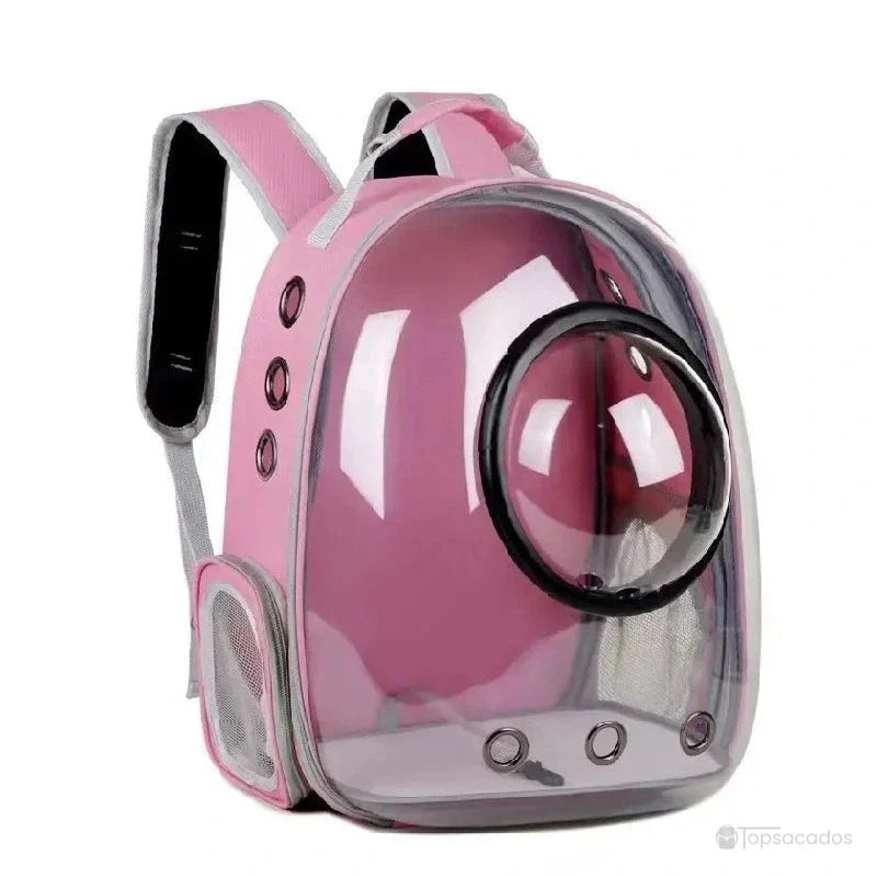 Sac à dos chat avec hublot rose bonbon avec coque transparente bombée et aérations latérales métalliques.