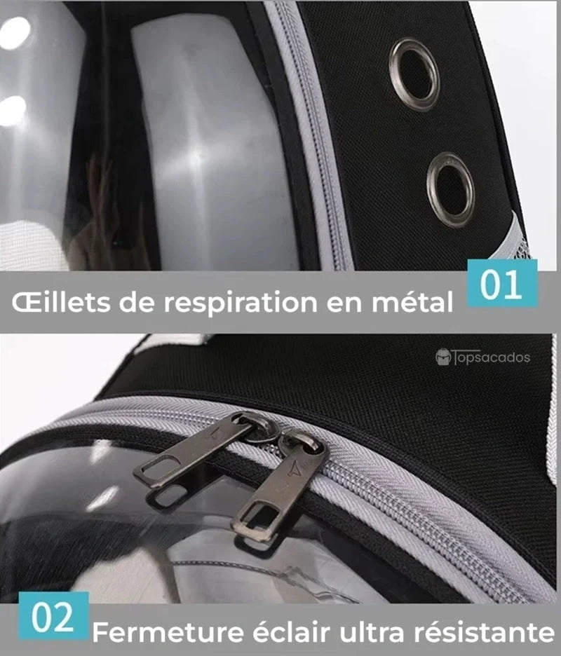 Sac à dos chat avec œillets de respiration métalliques et fermeture éclair double robuste vue de près.
