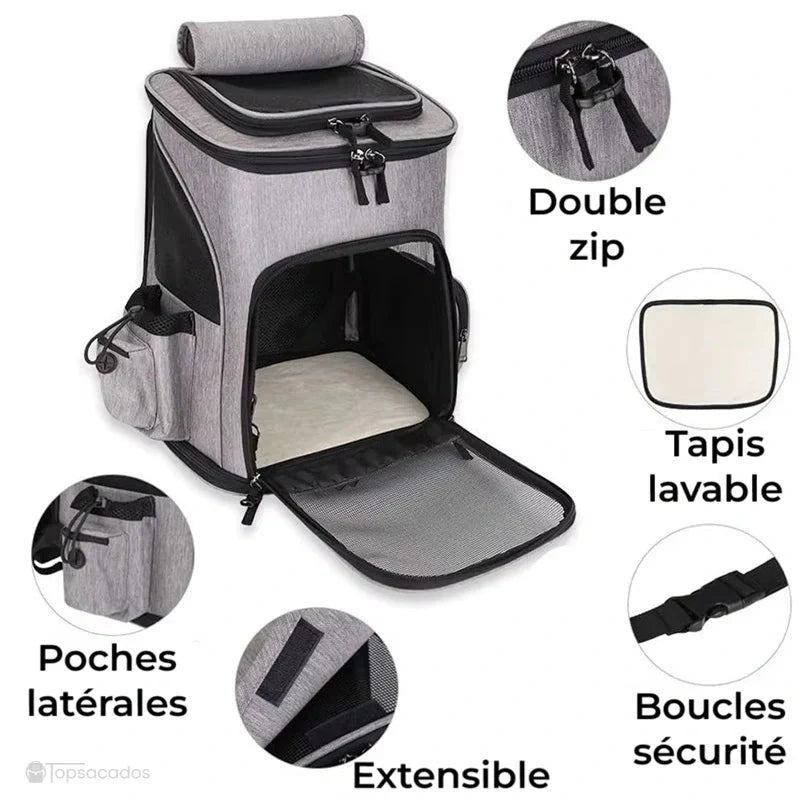 Sac à dos chat pliable avec vue sur poches latérales, double zip, tapis lavable et système extensible pour transporter un chat en toute sécurité