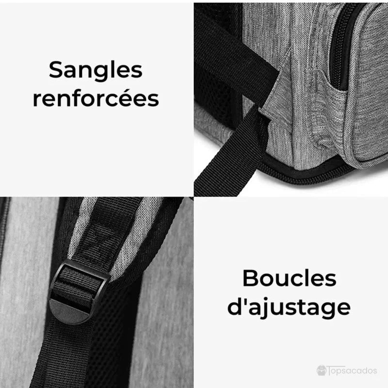 Sac à dos chat pliable avec focus sur les sangles renforcées et les boucles d’ajustage pour plus de maintien et de confort lors du port