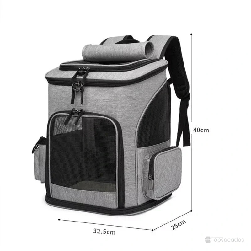 Sac à dos chat pliable gris vu de profil avec mesures indiquées de 40 cm de haut, 32,5 cm de large et 25 cm de profondeur