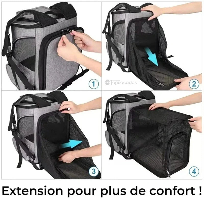 Sac à dos chat pliable avec étapes d’extension illustrées pour agrandir l’espace intérieur et améliorer le confort du chat