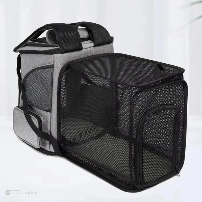 Sac à dos chat pliable entièrement ouvert avec extension filet déployée pour offrir plus d’espace au chat dans un intérieur sobre