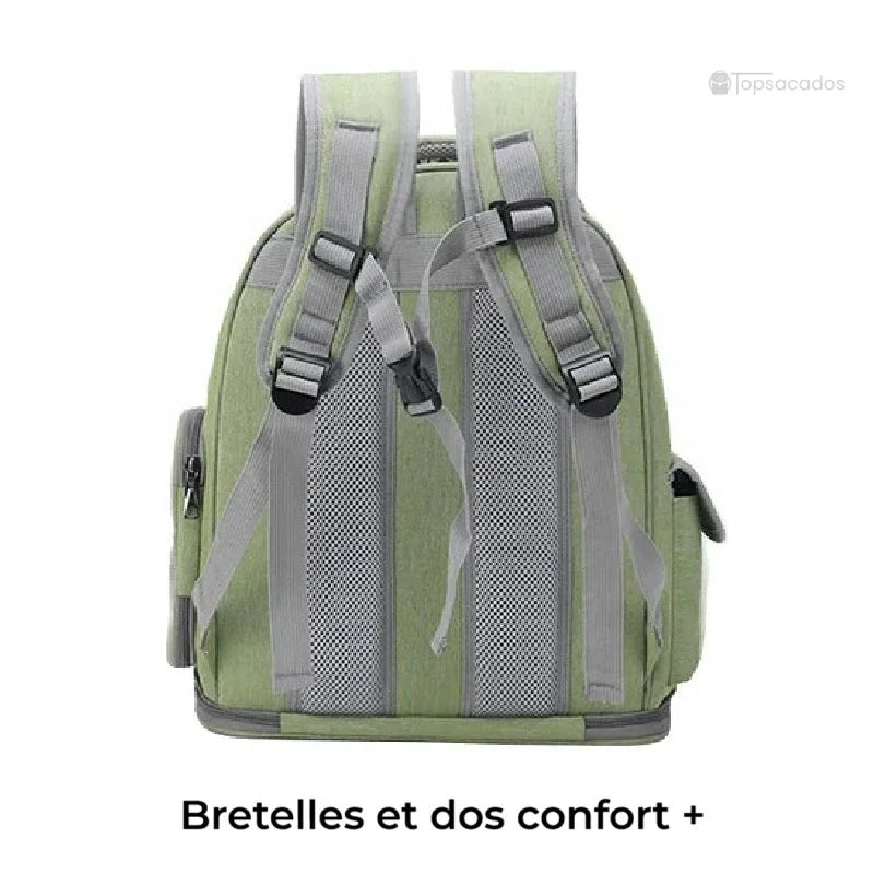 Sac à dos chat premium vert vu de dos avec bretelles épaisses et dos rembourré, offrant un excellent confort de portage pour les balades prolongées.