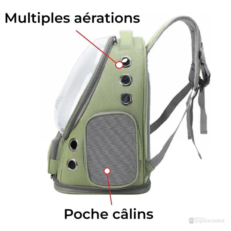 Sac à dos chat premium vert vu de profil, avec multiples aérations circulaires et poche latérale en maille pour un confort optimal de l’animal.