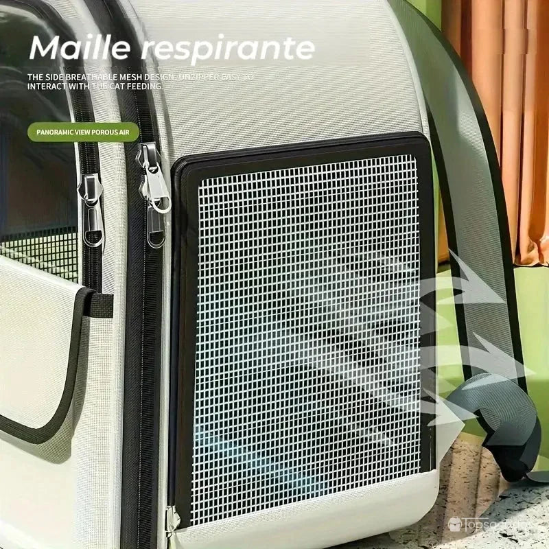 sac a dos chat transparent avec maille latérale respirante et double zip, conçu pour une bonne aération pendant le transport