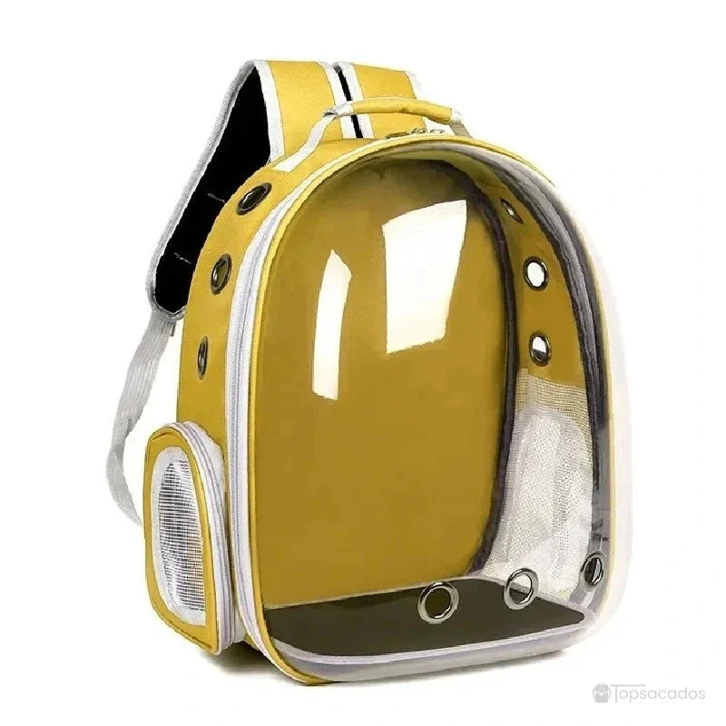 Sac à dos chat jaune avec hublot transparent rigide et aérations, pour transport sécurisé de l’animal.