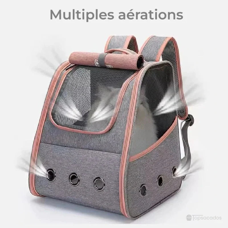 Sac à dos chaton gris avec finitions roses, illustrant plusieurs zones d’aération actives pour le confort de l’animal.