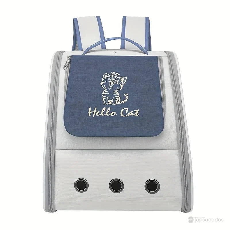 Sac à dos chaton blanc et bleu avec rabat décoré d’un dessin de chaton et l’inscription 'Hello Cat', présenté de face sur fond neutre.