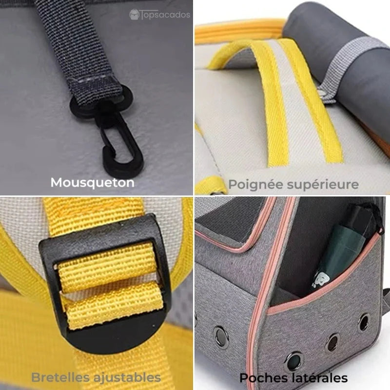 Sac à dos chaton vu en quatre détails : mousqueton intérieur, poignée renforcée, bretelle réglable et poche latérale avec gourde.