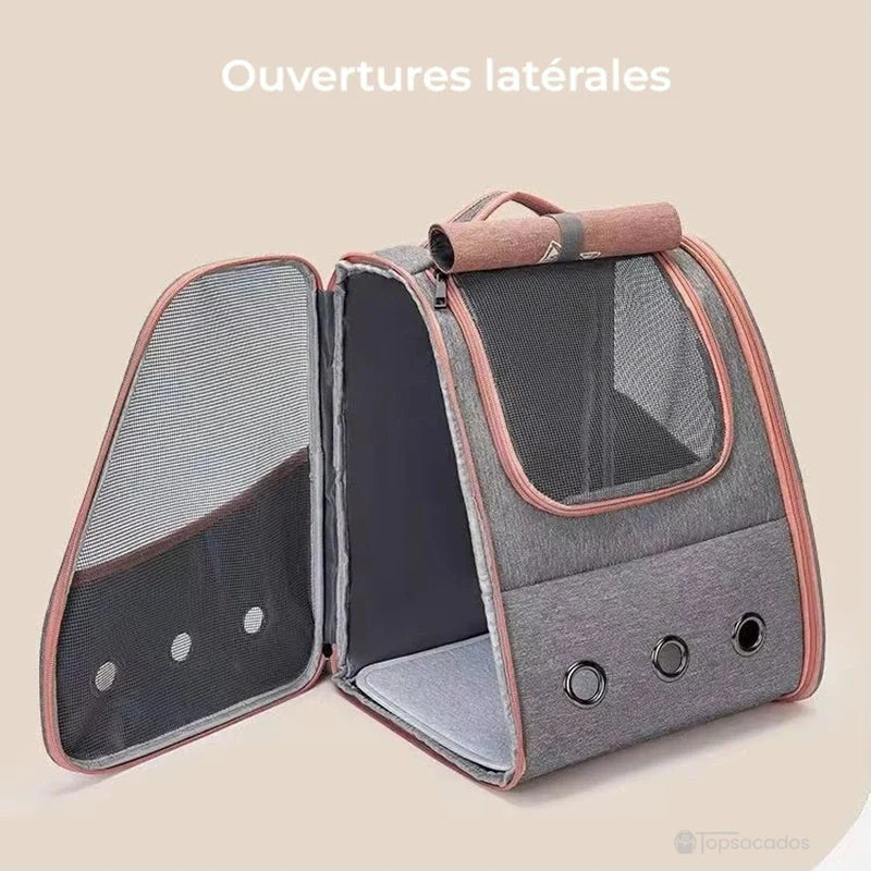Sac à dos chaton gris avec ouvertures latérales totalement déployées, montrant un large accès pour insérer ou sortir l’animal facilement.