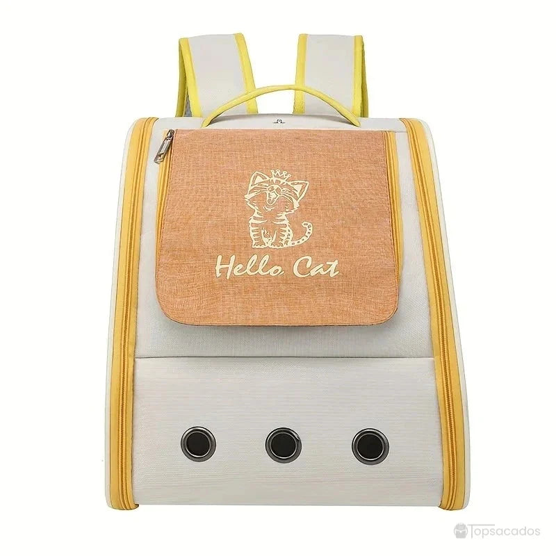 Sac à dos chaton jaune et blanc, vu de face avec rabat décoratif 'Hello Cat' et aérations visibles sur fond uni.