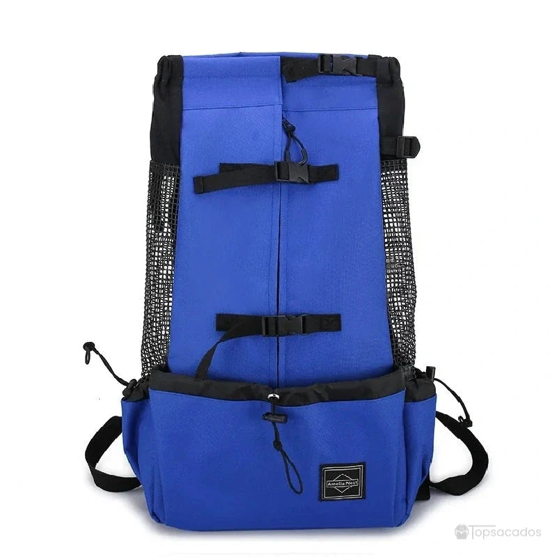sac a dos chien bleu avec poches latérales et maille respirante, vu de face sur fond blanc