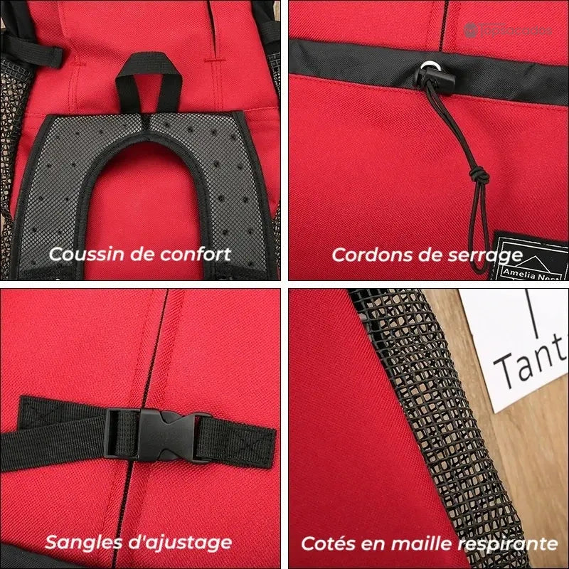 sac a dos chien rouge vu en gros plan avec coussin dorsal, sangles ajustables, cordons de serrage et côtés en maille