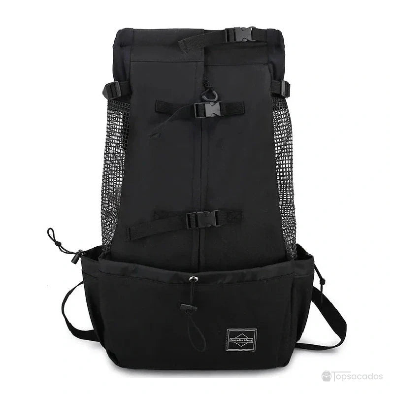 sac a dos chien noir élégant avec poche frontale et maille aérée, vu de face sur fond blanc