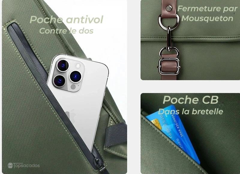 Sac à dos collège antivol fille vert avec poche CB dans la bretelle, fermeture mousqueton et poche antivol zippée à l’arrière pour smartphone.