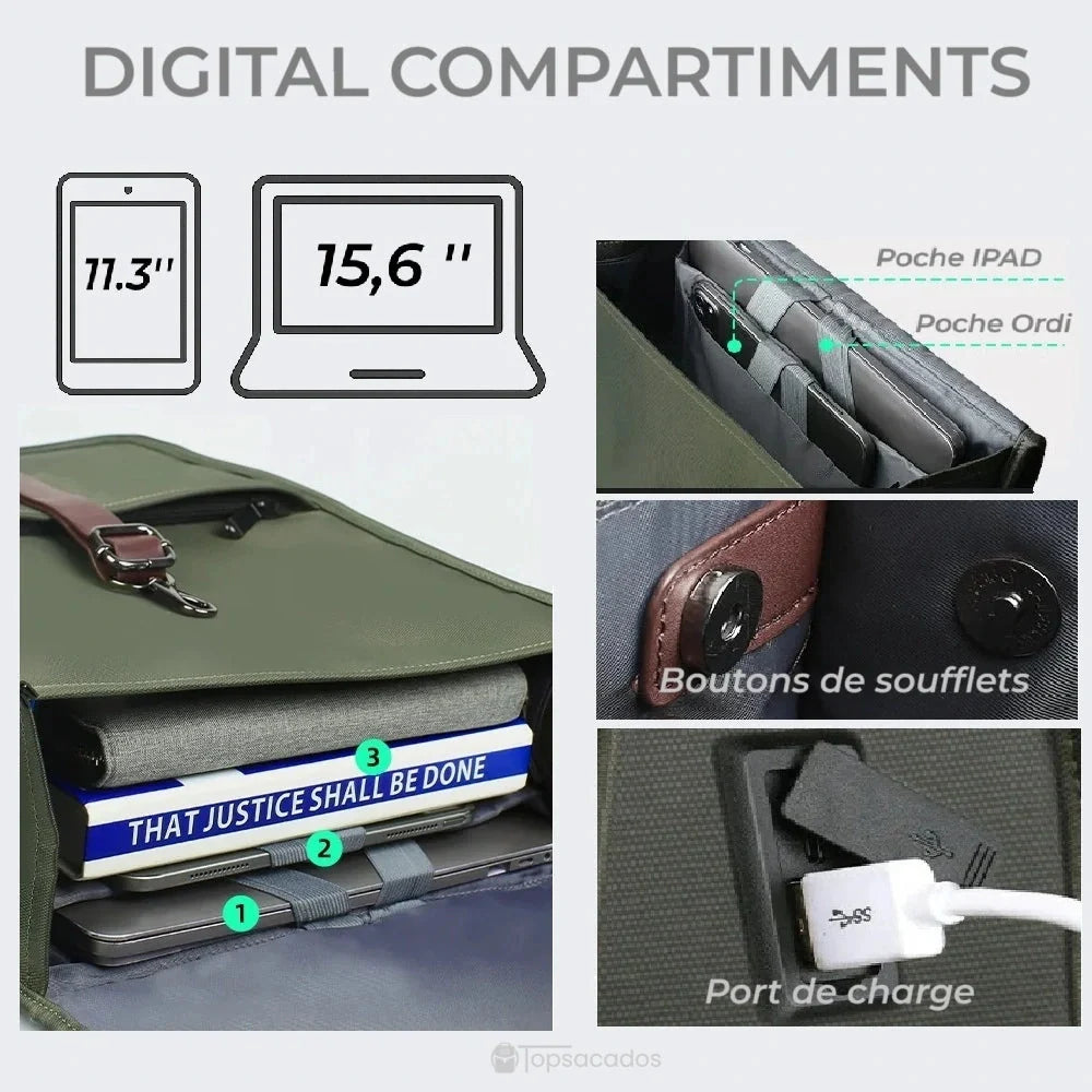 Sac à dos collège antivol fille avec compartiments numériques pour tablette 11,3'' et ordinateur portable 15,6'', boutons pression et port de charge.