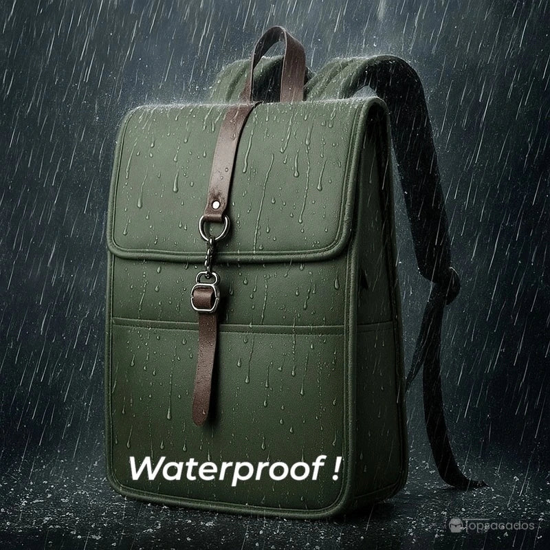 Sac à dos collège antivol fille vert sous une pluie battante, illustrant sa résistance à l’eau grâce à son tissu waterproof.
