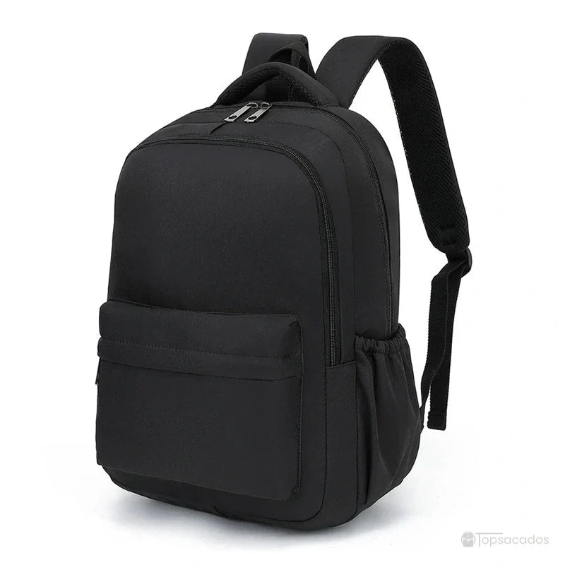 Sac à dos collège noir classique avec bretelles rembourrées et poche latérale, idéal pour les étudiants au quotidien.