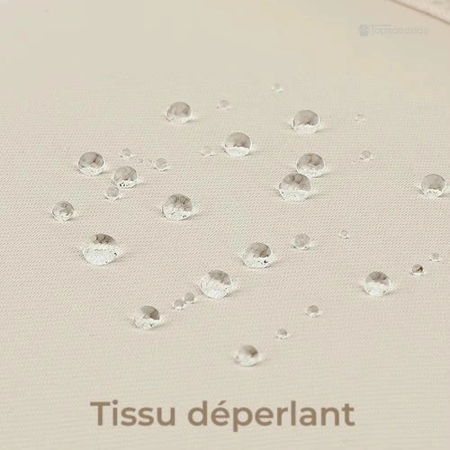 Sac à dos collège avec tissu déperlant beige illustré par des gouttes d’eau perlantes sur la surface imperméable.