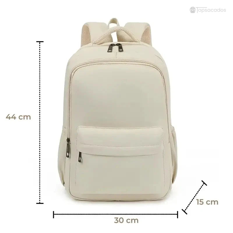 Sac à dos collège beige présenté de face avec dimensions indiquées : 44 cm de haut, 30 cm de large, 15 cm de profondeur.