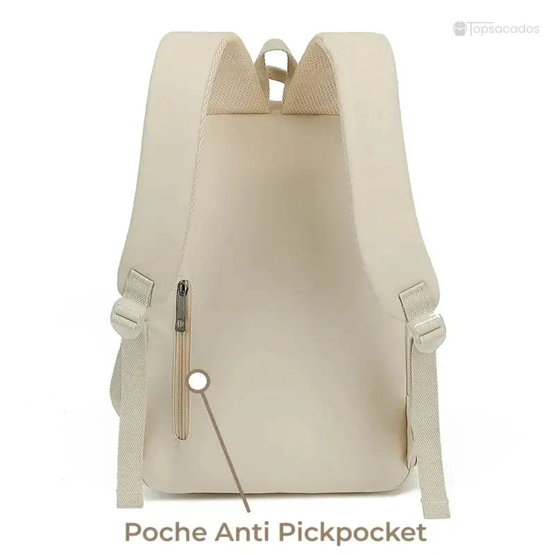 Sac à dos collège beige vu de dos avec poche anti pickpocket zippée dissimulée dans le panneau arrière.