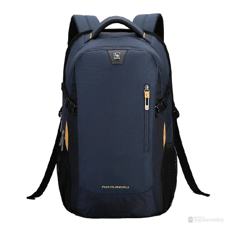 sac a dos college garcon bleu marine avec finitions jaunes, vu de face sur fond neutre