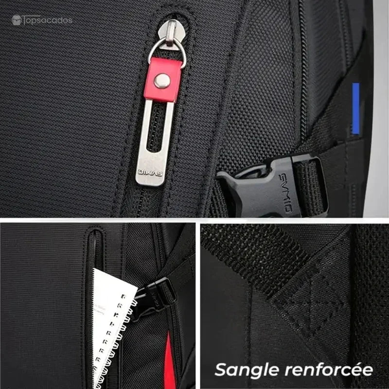 sac a dos college garcon noir avec gros plan sur la fermeture éclair, la boucle et une poche latérale